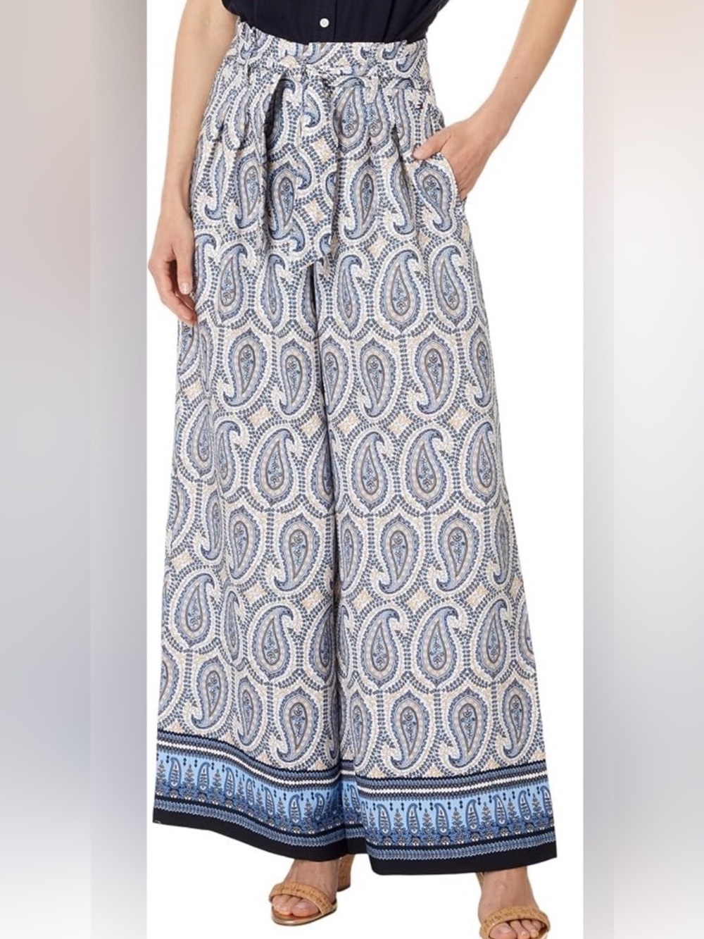 Tommy Hilfiger Women’s Wide Leg Paisley Print Pants in Blue and Cream M